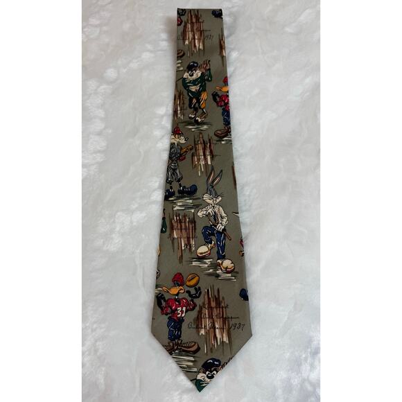 VTG 90s Looney Tunes Warner Bros 100% Silk Sports Theme Neck Tie Multicolor Size - Picture 1 of 12